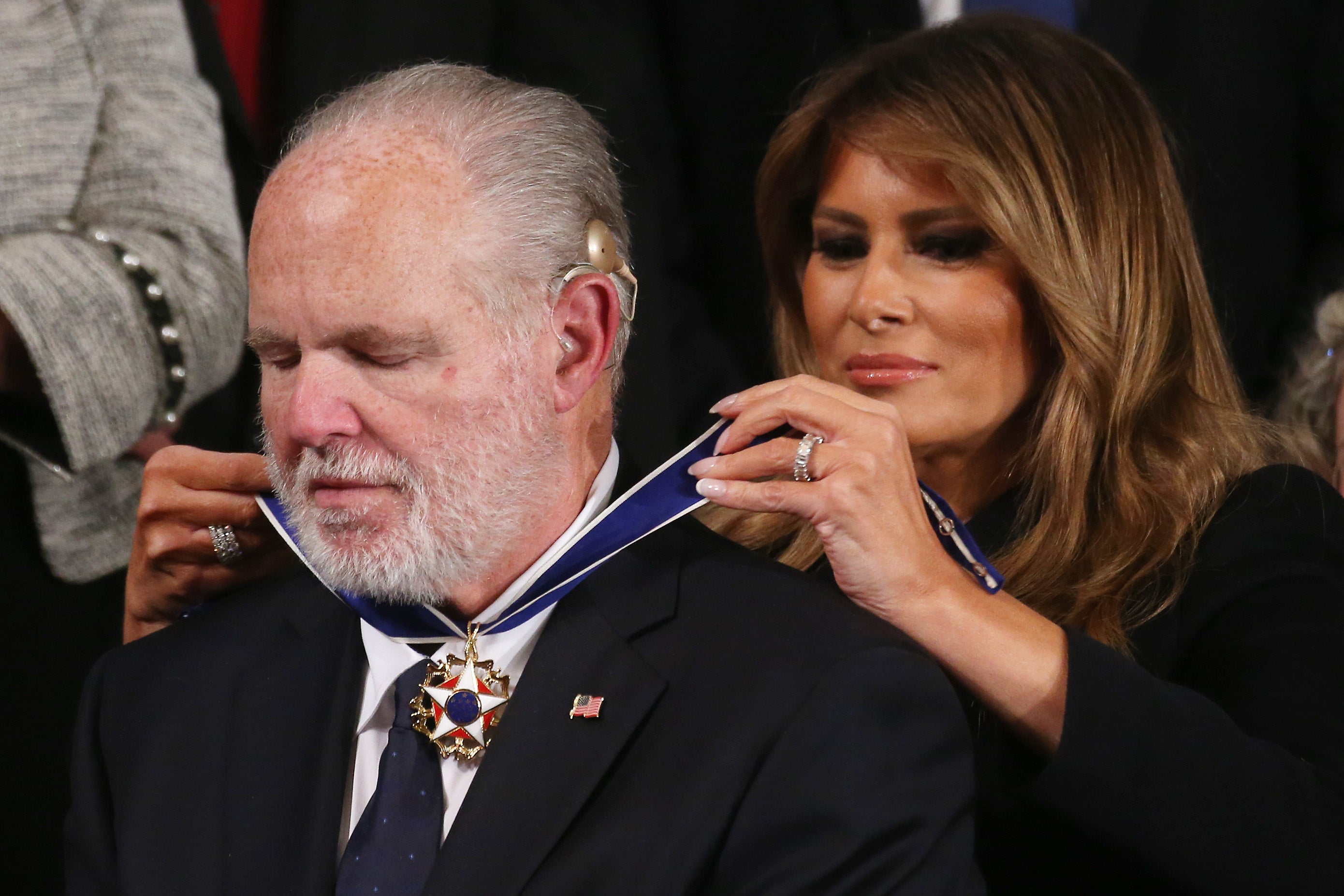 Radio personality Rush Limbaugh reacts as First Lady Melania Trump gives him the Presidential Medal of Freedom during the State of the Union address