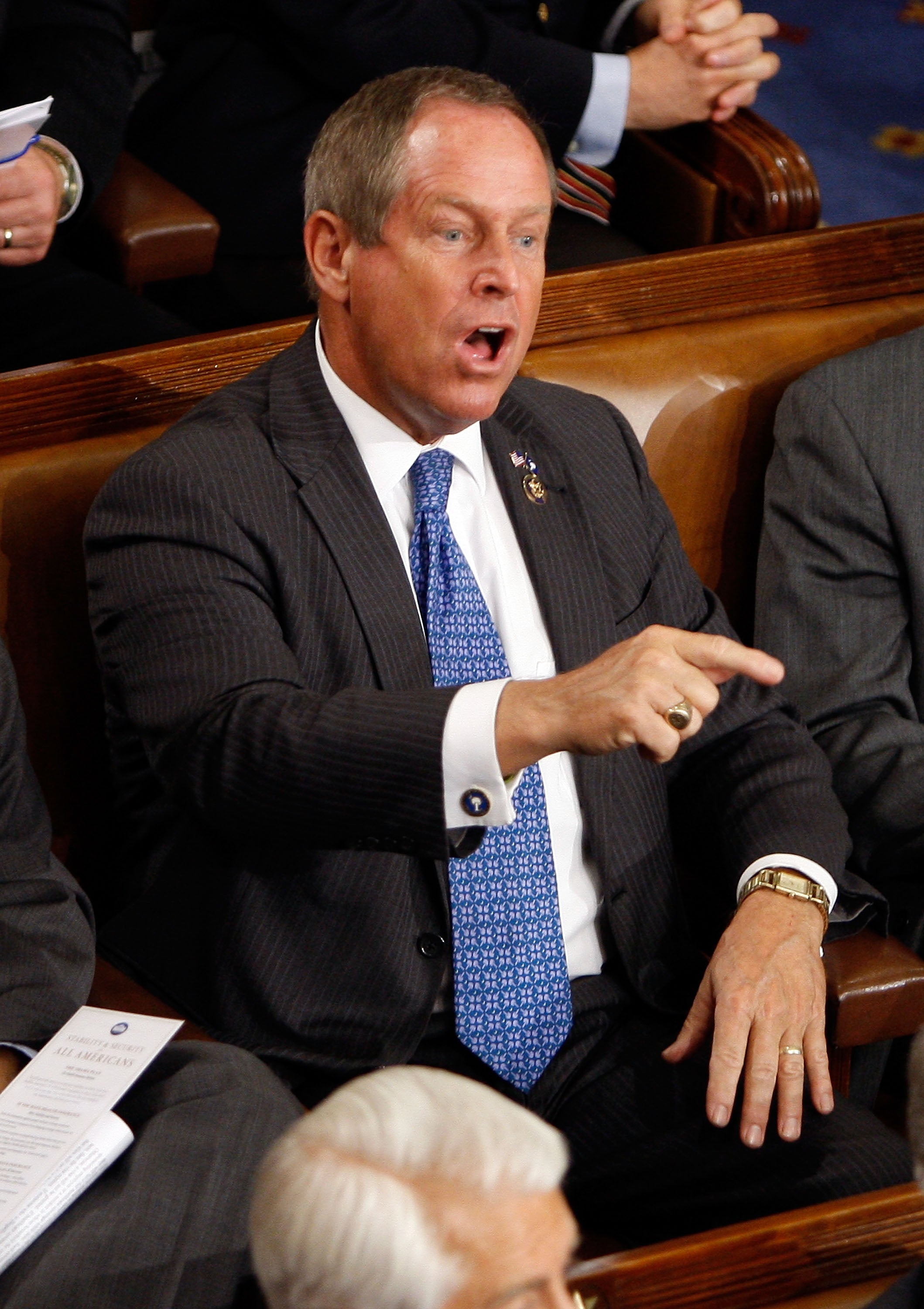 Rep. Joe Wilson (R-SC) shouts "You Lie" as U.S. President Barack Obama addresses a joint session of the U.S. Congress at the U.S. Capitol September 9, 2009 in Washington, DC