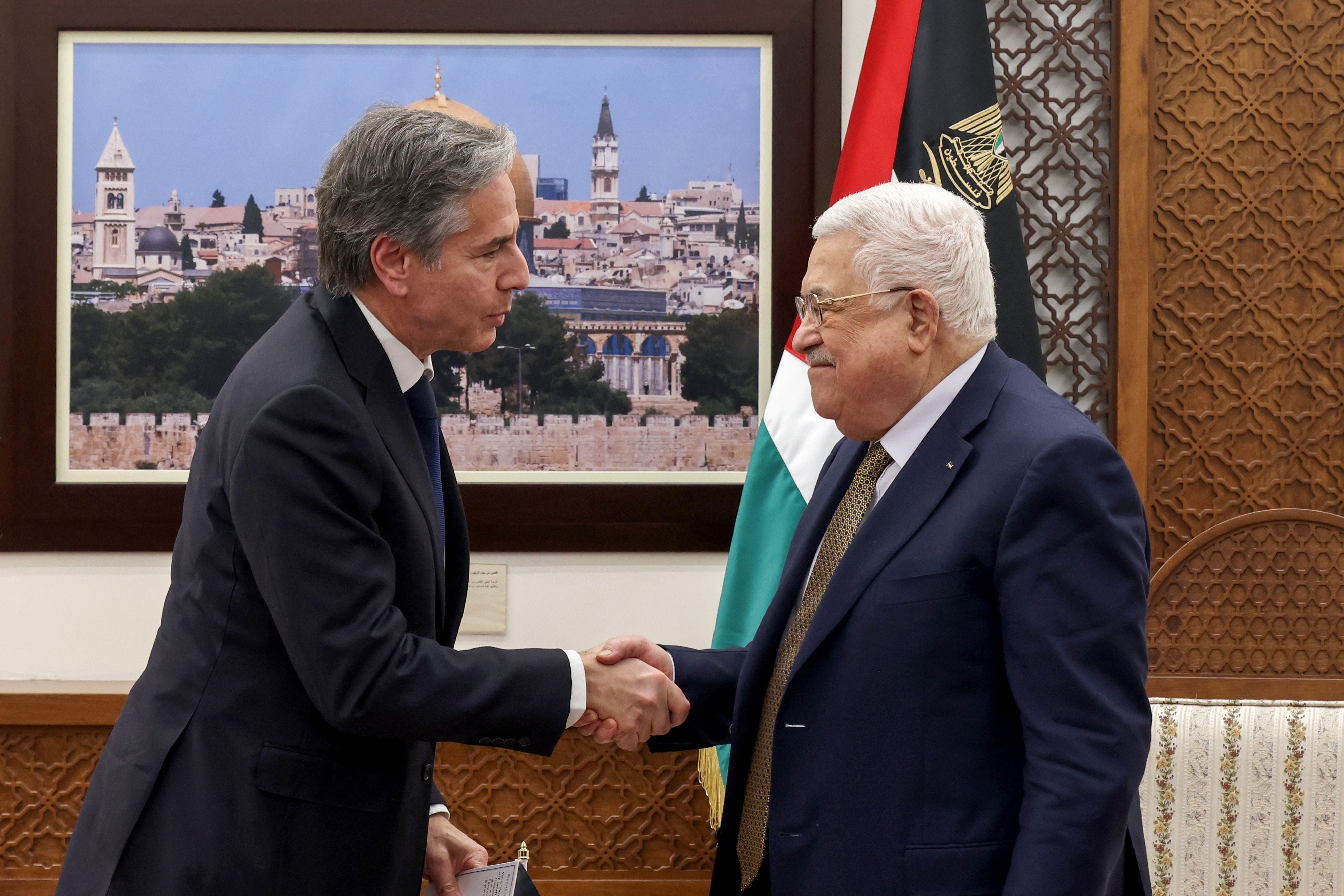 Palestinian president Mahmoud Abbas and US secretary of state Antony Blinken shake hands in Ramallah on Tuesday