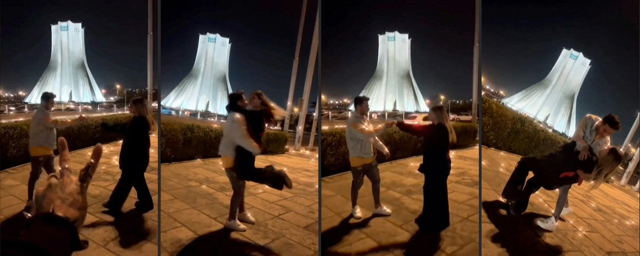 Stills from the video showing Astiyazh Haghighi and her fiance Amir Mohammad Ahmadi dancing in front of Tehran’s Azadi Tower