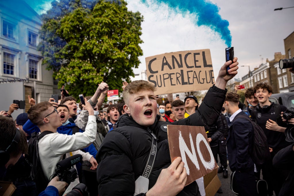 Chelsea fans protesting against the Super League in 2021