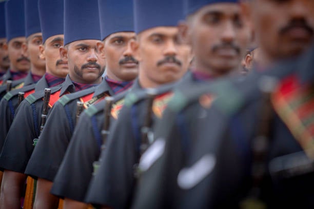 Soldiers from the Madras Sappers of the Indian Army participate in a full dress rehearsal parade to celebrate India’s Republic Day on 24 January 2023 in Bengaluru, India