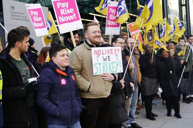 Members of the Public and Commercial Services union on the picket line outside the Department for Business, Energy and Industrial Strategy in Westminster (Aaron Chown/PA)