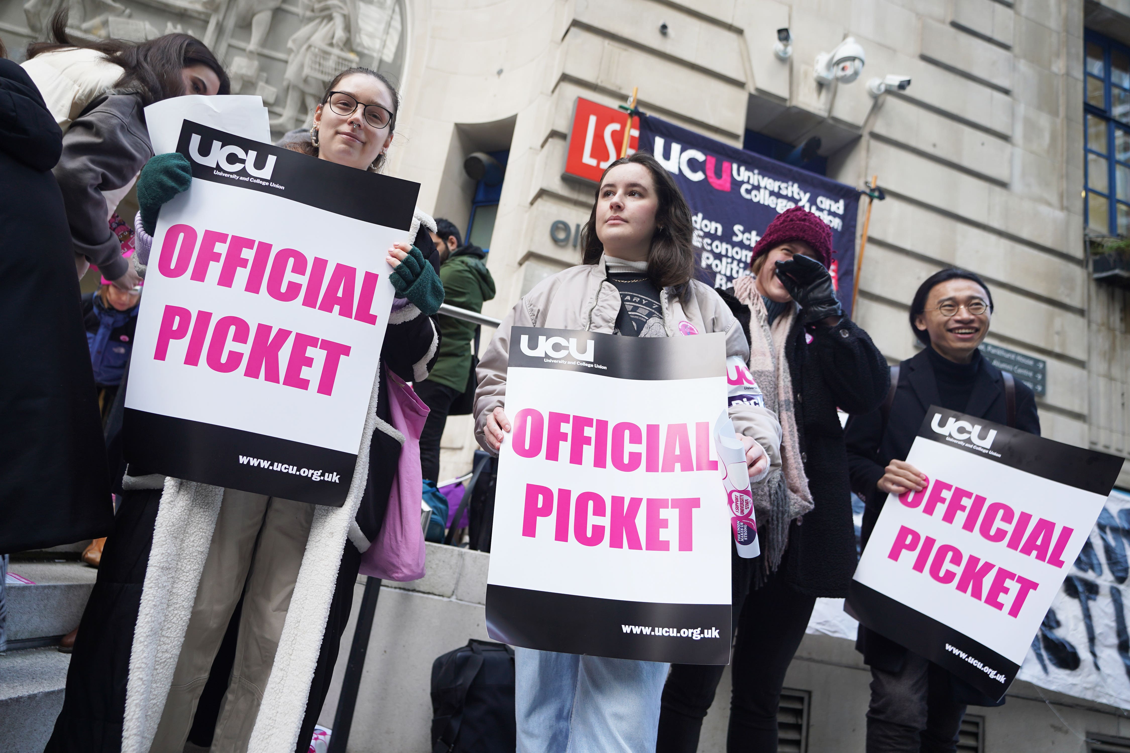 University and College Union (UCU) members on the picket line outside the London School of Economics (LSE)