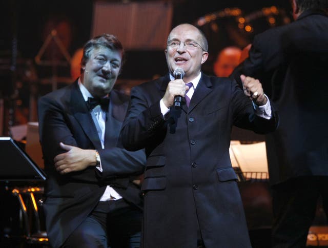 <p>Kit Hesketh-Harvey with Stephen Fry at the London Palladium in 2008 </p>