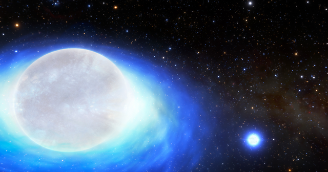 Esta es la impresión de un artista de la primera detección confirmada de un sistema estelar que algún día formará una kilonova, la explosión ultrapotente productora de oro creada por la fusión de estrellas de neutrones.