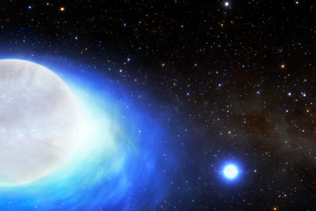 <p>This is an artist’s impression of the first confirmed detection of a star system that will one day form a kilonova — the ultra-powerful, gold-producing explosion created by merging neutron stars</p>