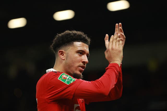 <p>Jadon Sancho applauds the fans at Old Trafford </p>