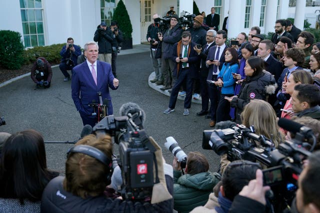 <p>House Speaker Kevin McCarthy of Calif., talks with reporters outside the West Wing of the White House in Washington following his meeting with President Joe Biden, Wednesday, Feb. 1, 2023. (AP Photo/Susan Walsh)</p>