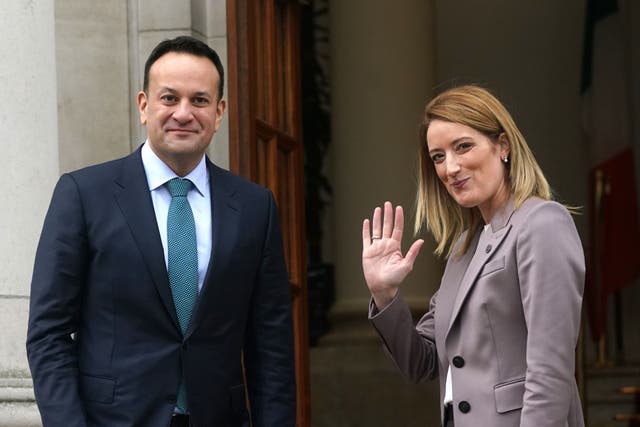 Taoiseach Leo Varadkar welcomes President of the European Parliament, Roberta Metsola, to Government Buildings in Dublin, during her two-day visit to the Republic of Ireland (Brian Lawless/PA)