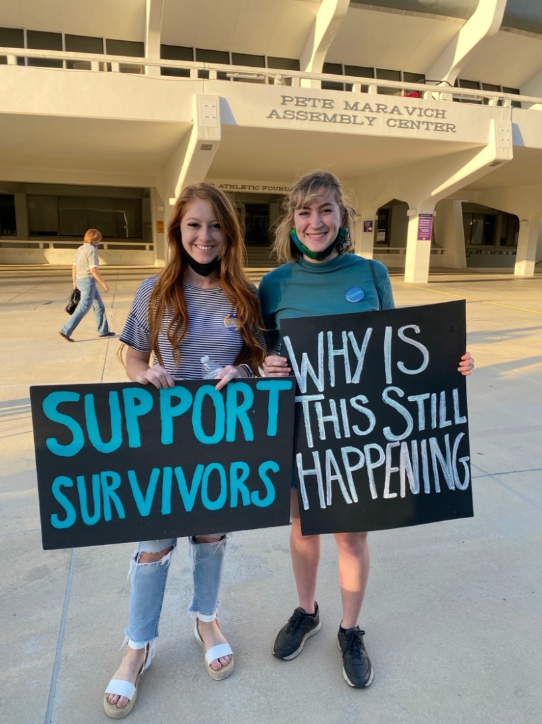 Samantha Brennan and Elisabeth Andries during a protest at LSU in November 2020