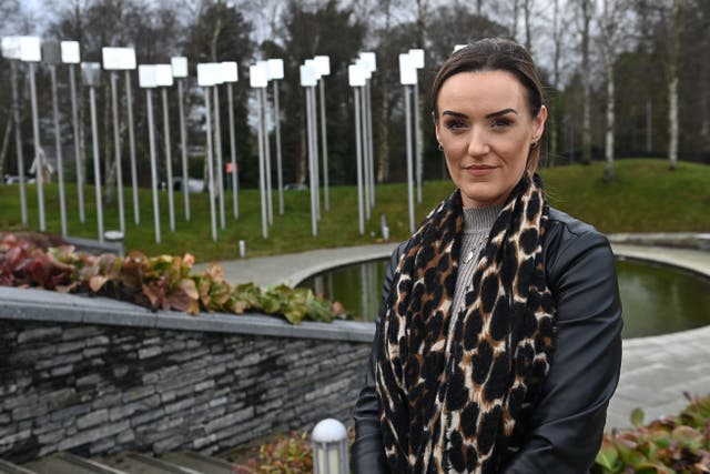 Claire Radford, whose brother Alan Radford was killed in the 1998 Omagh bombing, stands in the Omagh Bomb memorial garden in Omagh Co. Tyrone., after Northern Ireland Secretary Chris Heaton-Harris said he intends to establish an independent statutory inquiry into the 1998 Omagh bombing. Picture date: Thursday February 2, 2023.