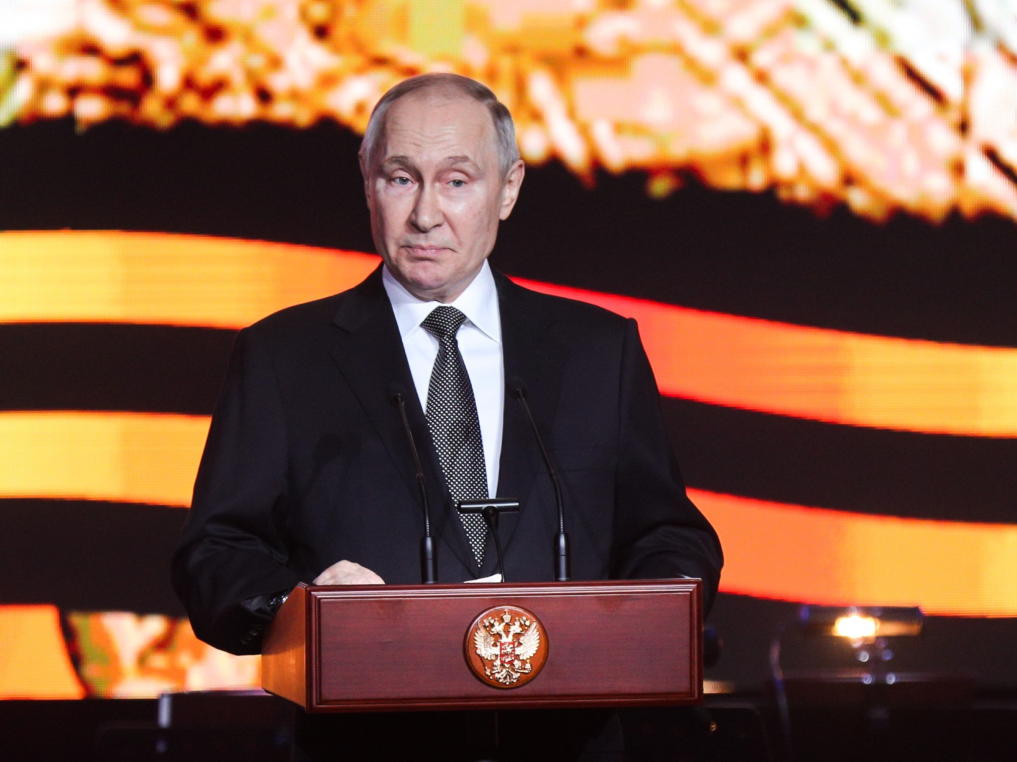 Vladimir Putin delivers his speech in the southern Russian city of Volgograd