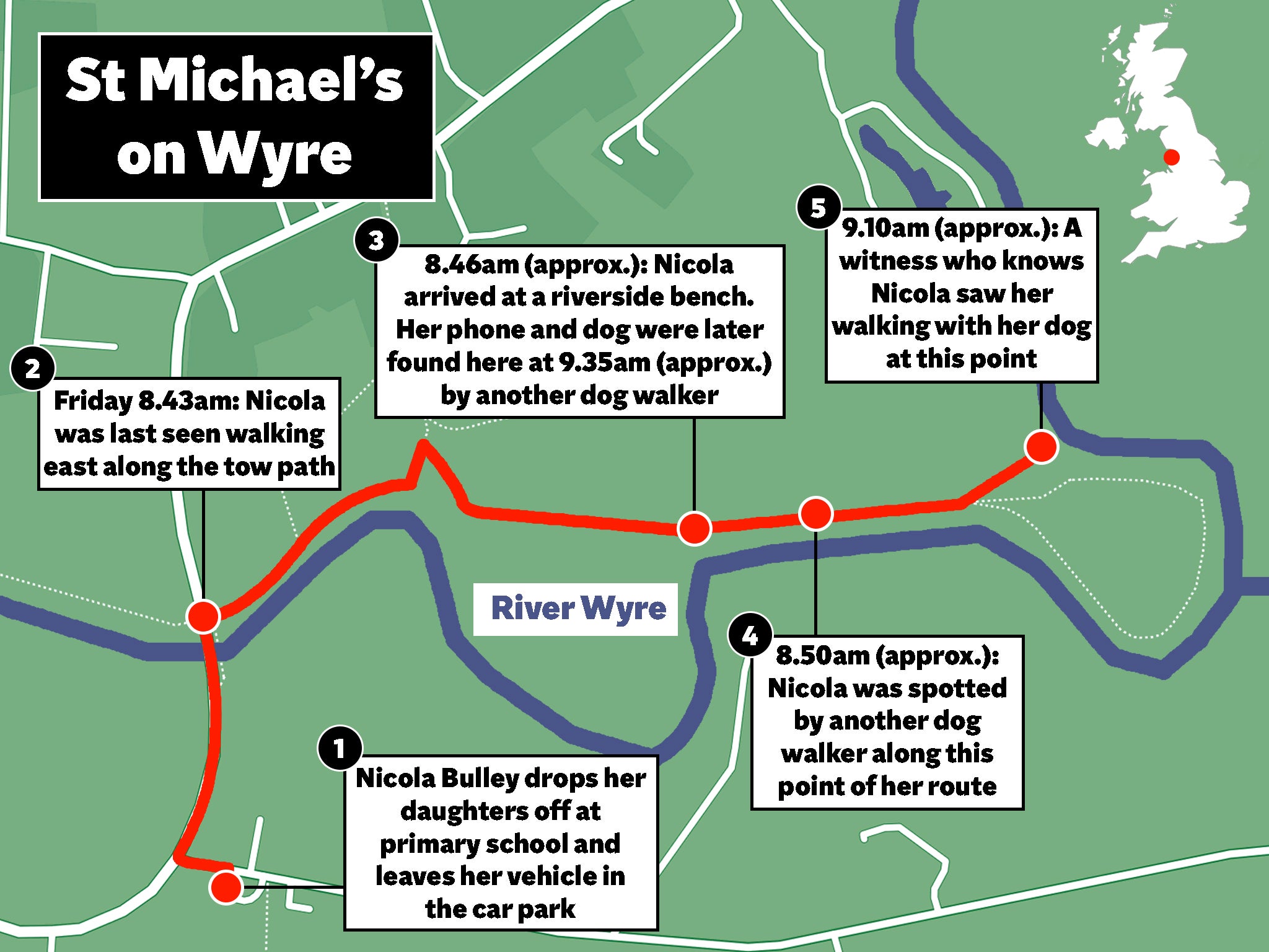 A map details Nicola Bulley’s last known movements on a dog walk in St Michael’s on Wyre, Lancashire