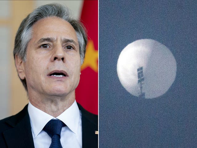 <p>The US secretary of state, Antony Blinken, and the balloon </p>
