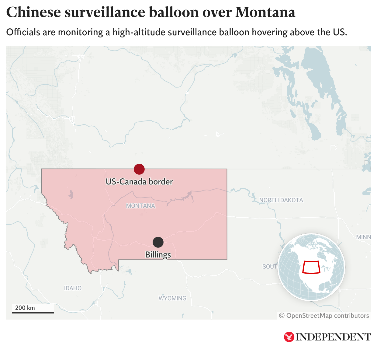 A map showing reported sighting of an alleged Chinese surveillance balloon over US airspace