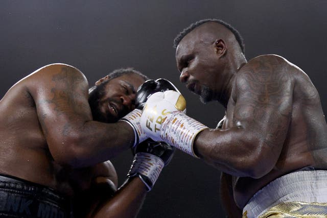<p>Dillian Whyte (right) during his narrow win over Jermaine Franklin</p>