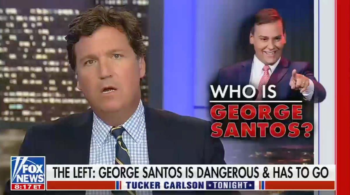 Tucker Carlson – who admitted to lying to Fox News viewers – defends George Santos in sarcastic attack on the press