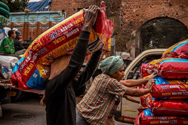 Labours push a cart loaded with sealed sacks of spices in Kolkata