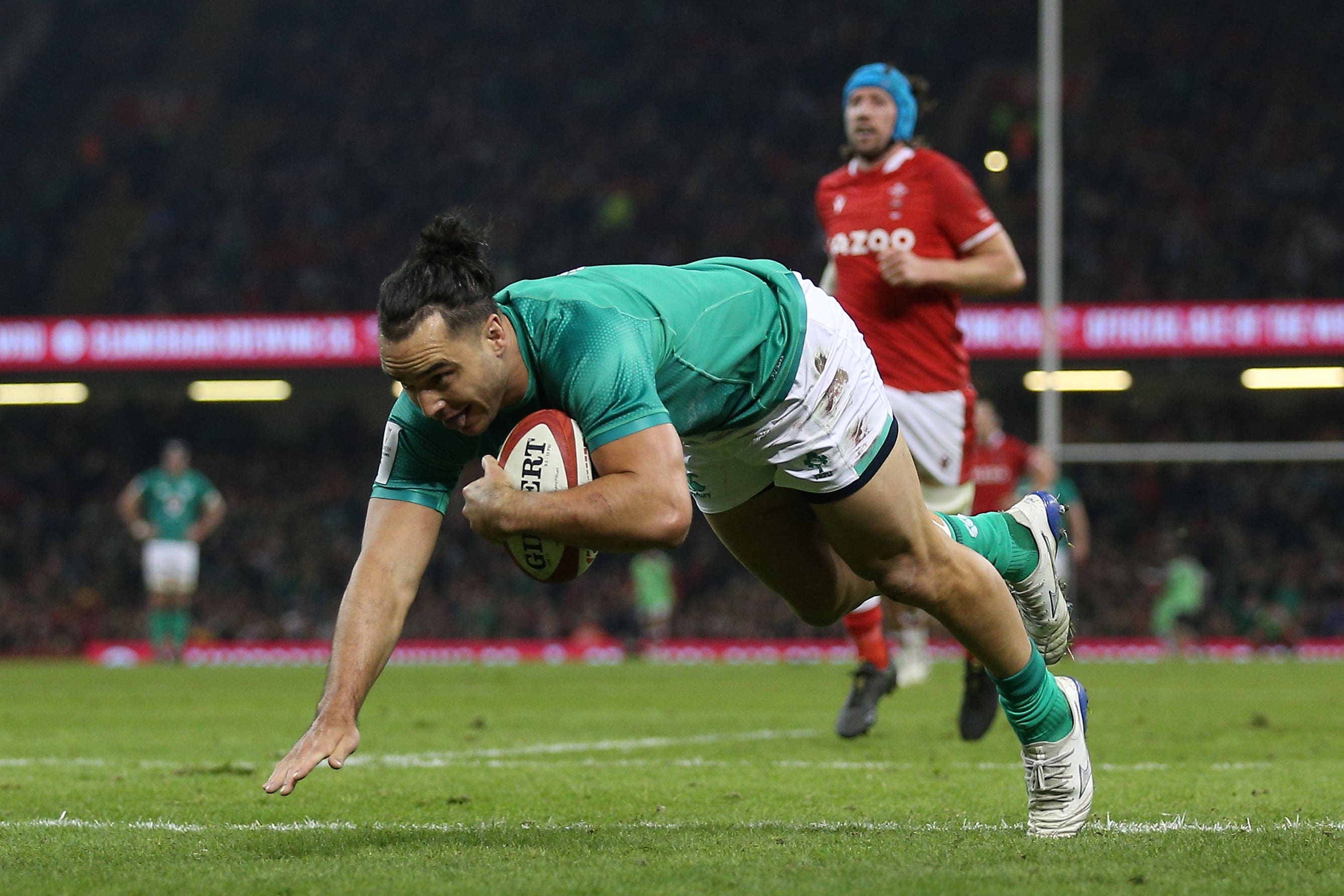 Ireland’s James Lowe scores their third try (Nigel French/PA)