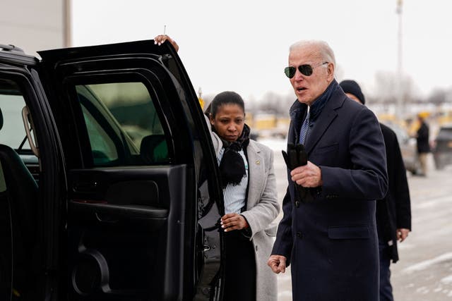 <p>U.S. President Joe Biden answers a question from a reporter before getting into his vehicle after disembarking from Air Force One at Hancock Field Air National Guard Base in Syracuse, New York, U.S., February 4, 2023.</p>