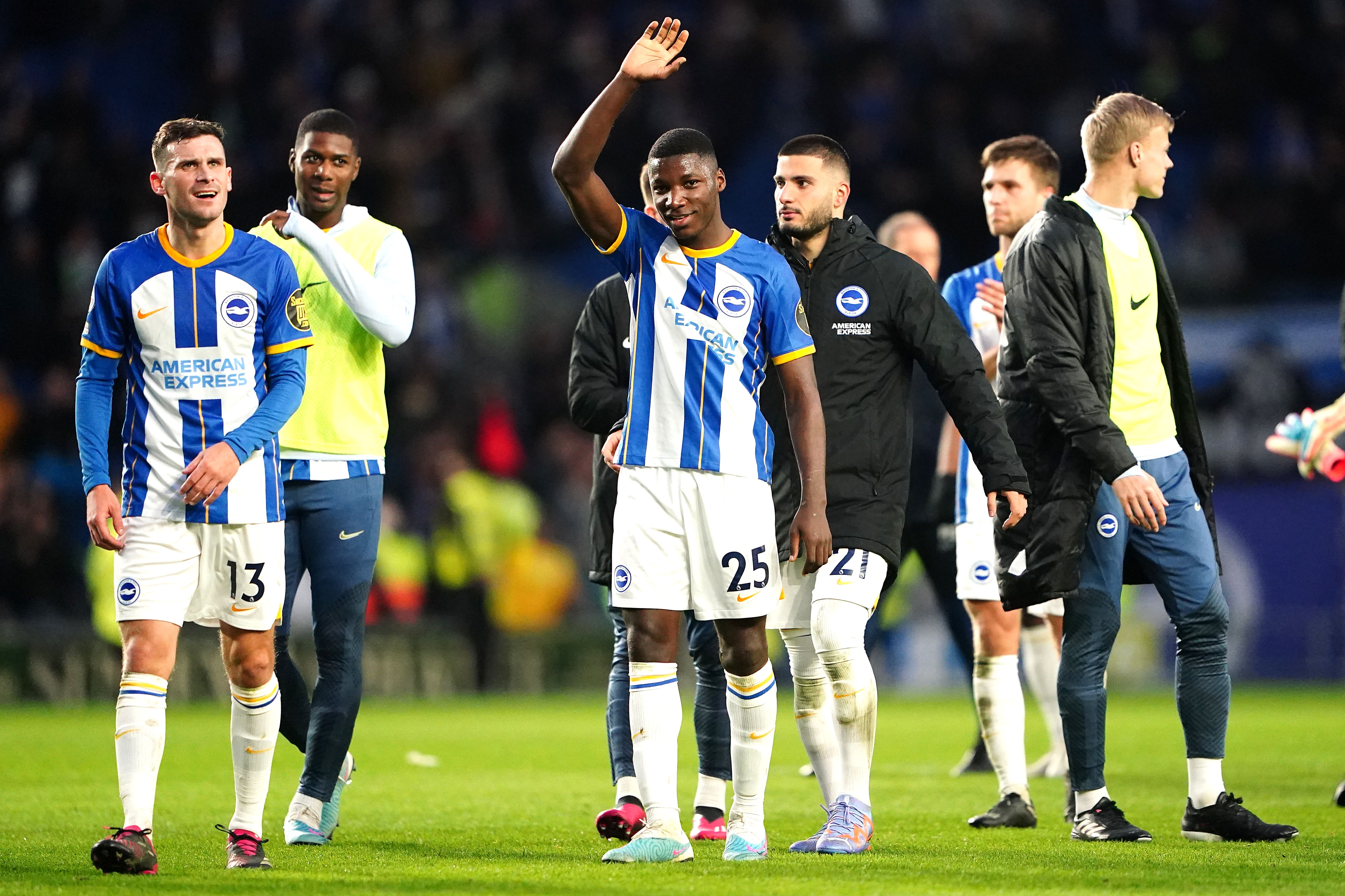 Midfielder Moises Caicedo, centre, was warmly received by the home support during Brighton’s victory over Bournemouth (Zac Goodwin/PA)