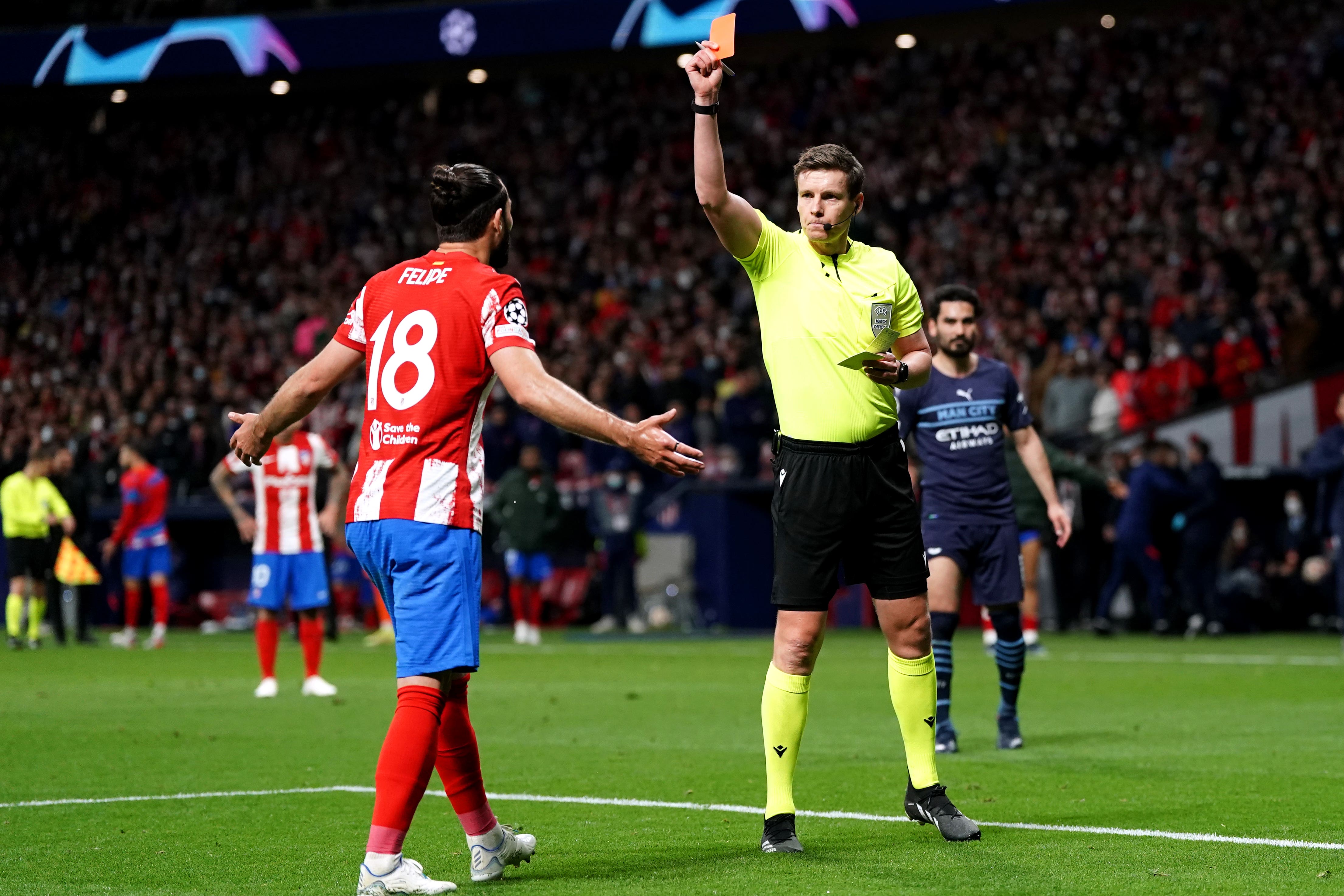 Felipe, left, has been sent off against both Manchester City and Liverpool in the Champions League (Nick Potts/PA)