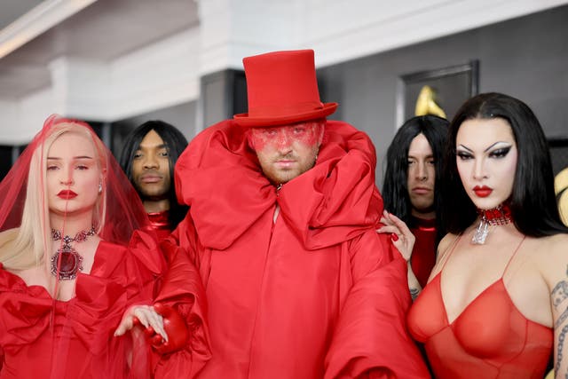 <p>Sam Smith, with their ‘Unholy’ collaborators Kim Petras and Violet Chachki</p>