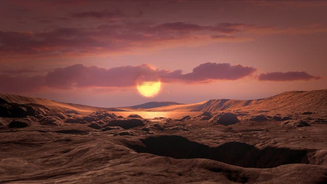 <p>Artist’s conception of a rocky Earth-mass exoplanet like Wolf 1069 b orbiting a red dwarf star</p>