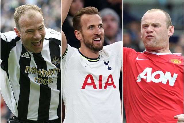 Harry Kane, centre, joined Alan Shearer, left, and Wayne Rooney in the Premier League’s ‘200 club’ (Gareth Copley/John Walton/Martin Rickett/PA)