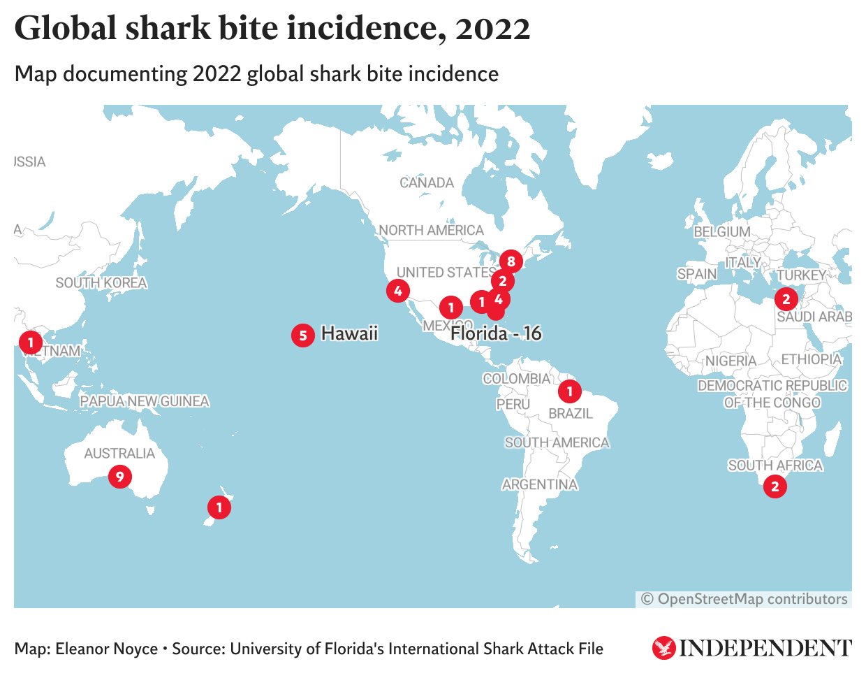 Where you're most likely to experience a shark attack: map
