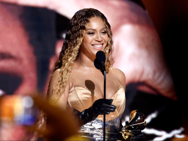 <p>Beyoncé accepts the Grammy Award for Best Dance/Electronic Album for ‘Renaissance’ during the 65th Grammy Awards on 5 February 2023 in Los Angeles, California</p>