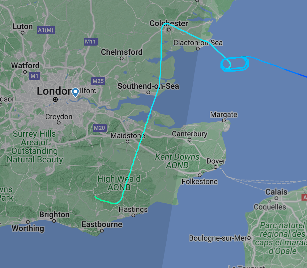 <p>Going places: the flightpath of BA8731 from Frankfurt to London City airport, which appears to be diverting to Gatwick</p>