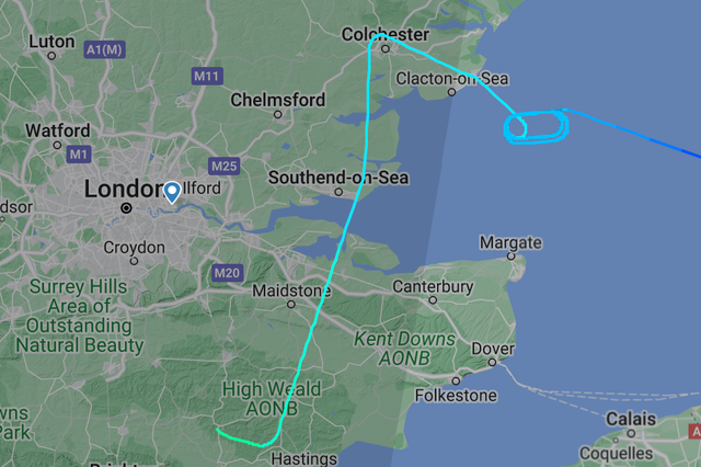 <p>Going places: the flightpath of BA8731 from Frankfurt to London City airport, which appears to be diverting to Gatwick</p>