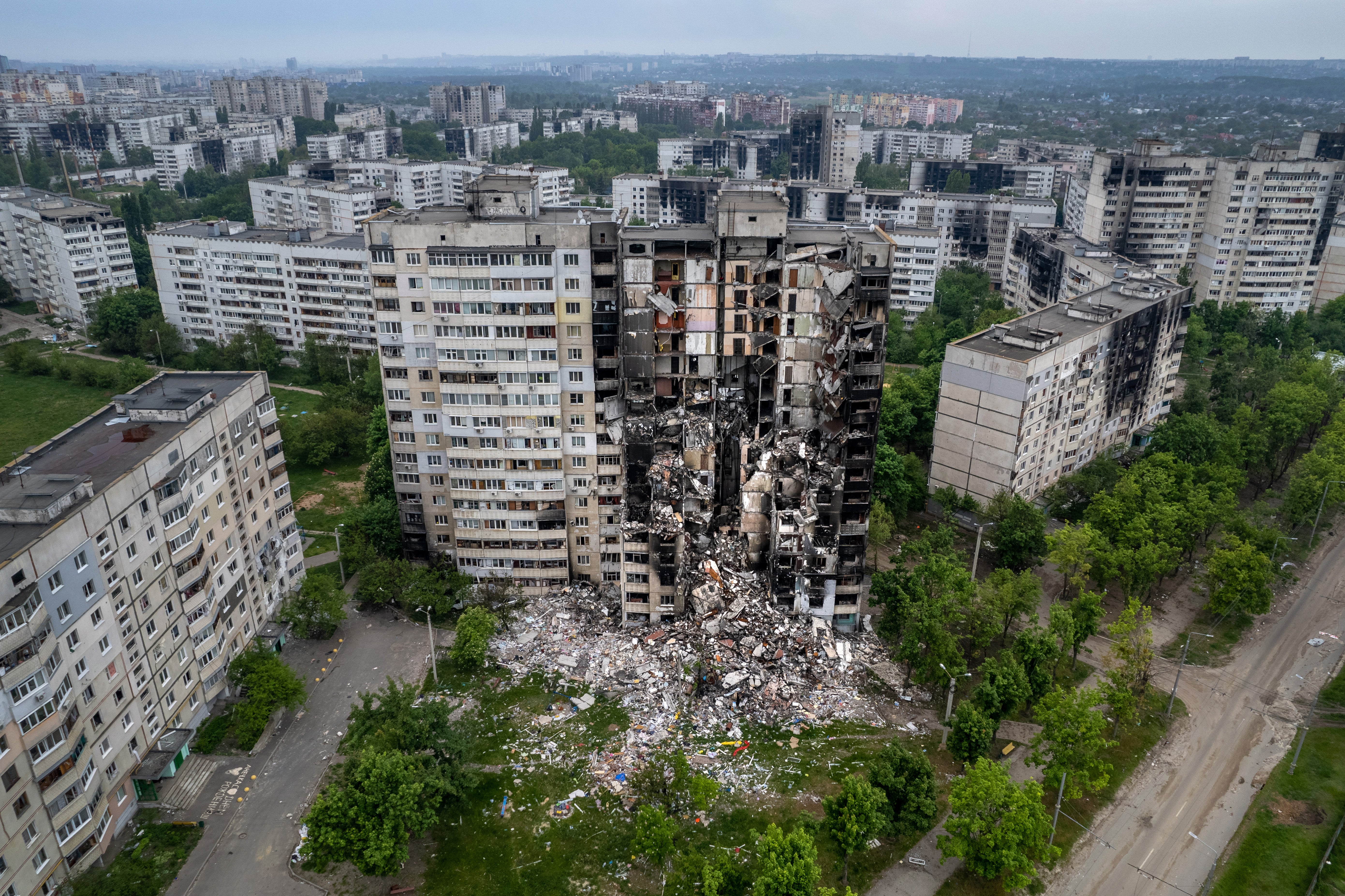 The bomb-damaged Kharkiv skyline