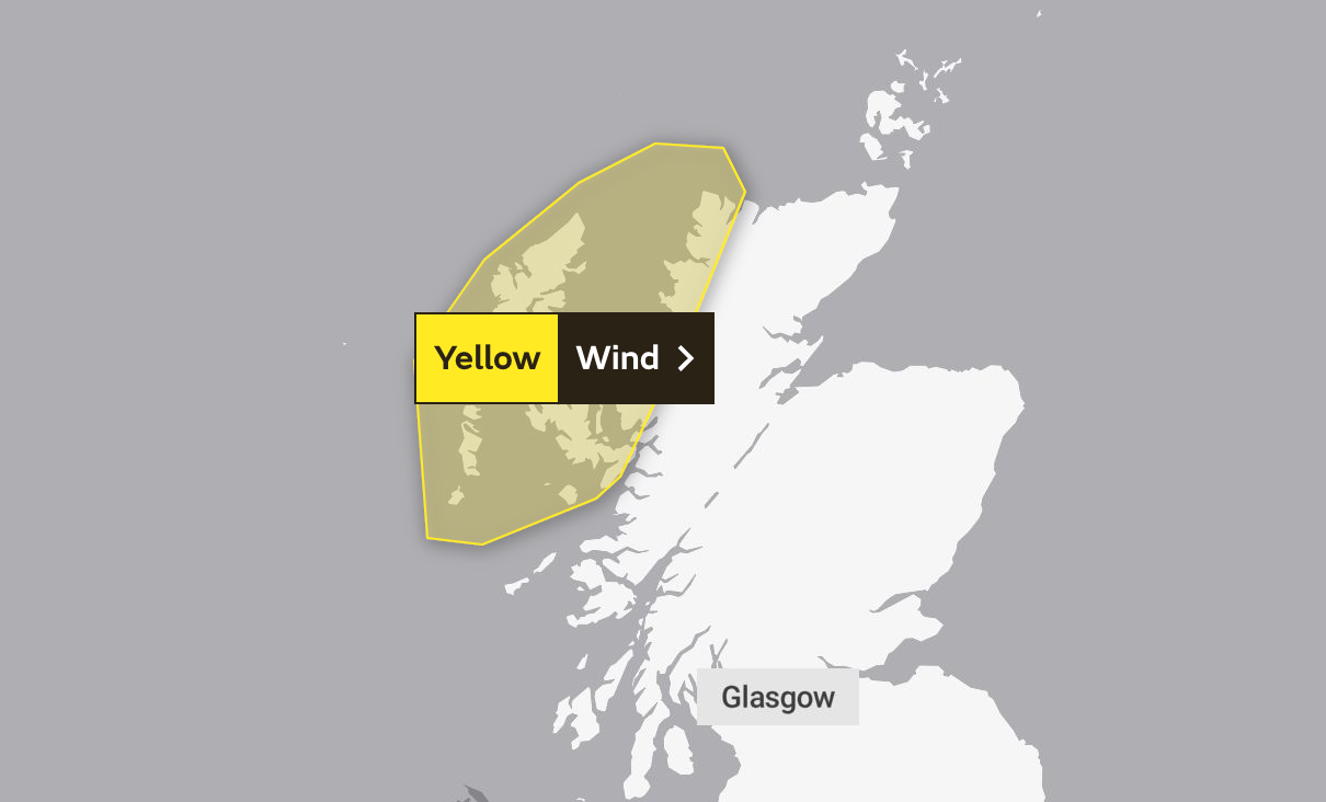A map showing the areas covered by a yellow weather warning for strong winds