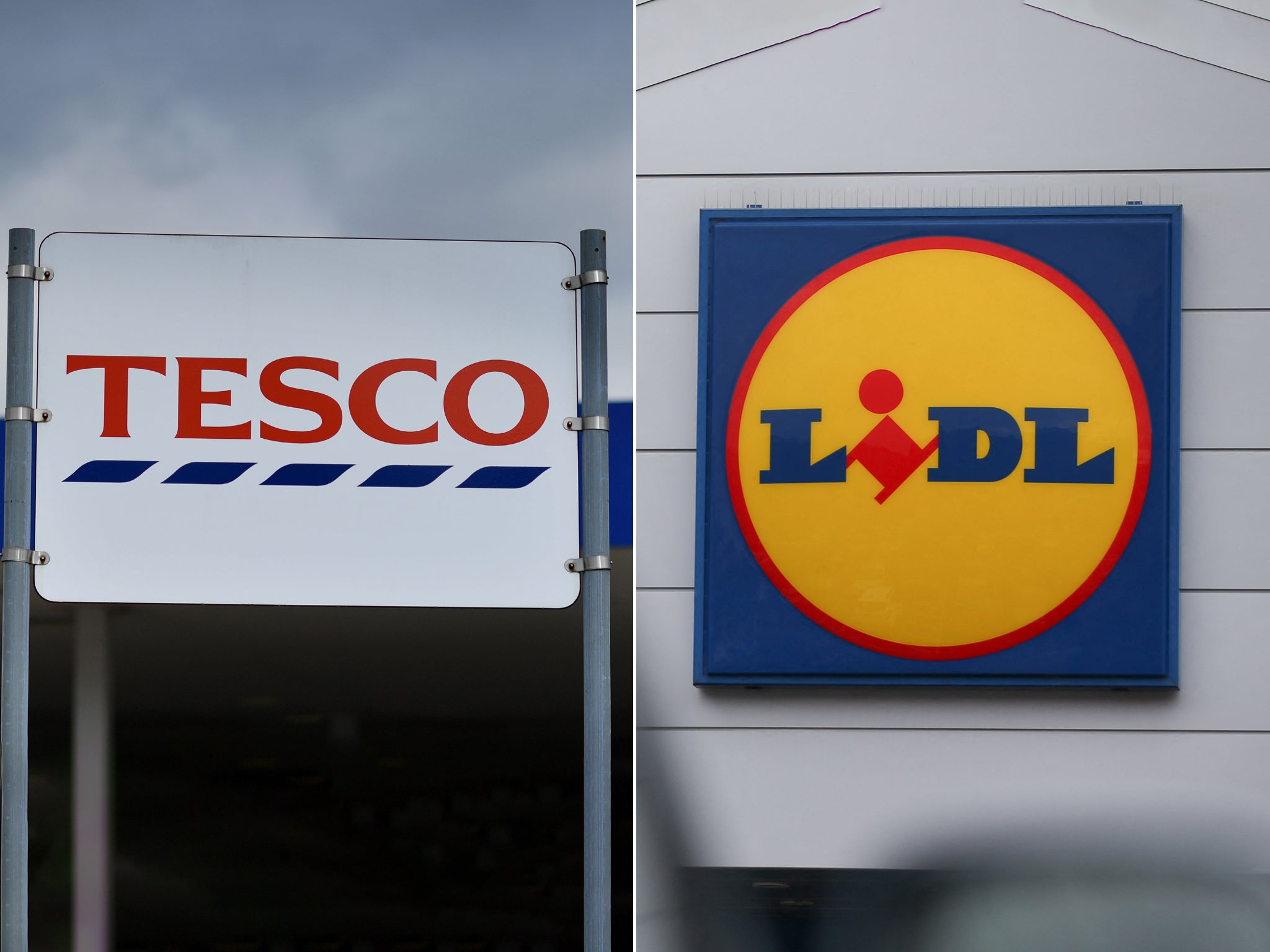 <p>A Tesco and Lidl sign  </p>