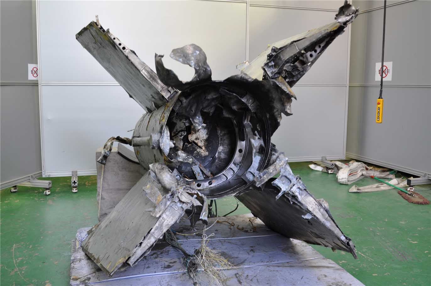 South Korean Defense Ministry displays retrieved debris of a ballistic missile that North Korea flew across their de facto maritime border in November 2022