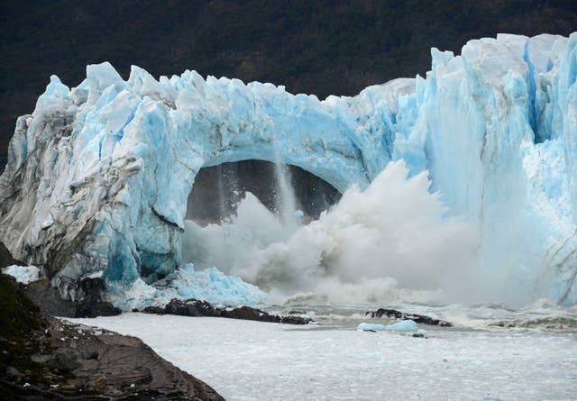 <p>Chunks of ice break off the Perito Moreno Glacier at Los Glaciares National Park, near El Calafate, in Argentina's Patagonia region in March 2016</p>