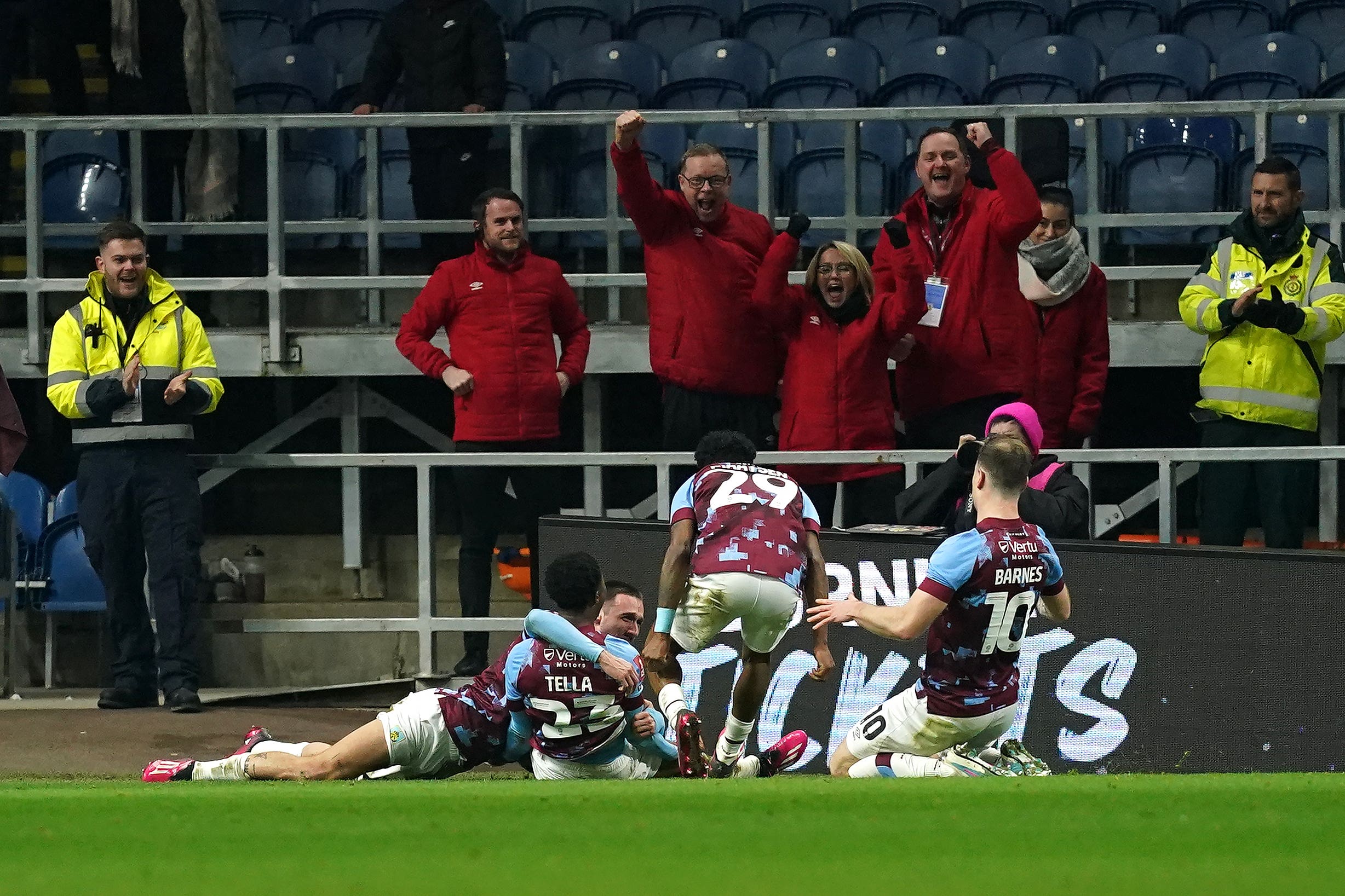Burnley’s Nathan Tella (second left) celebrates scoring their side’s second goal of the game during the FA Cup fourth round replay at Turf Moor, Burnley. Picture date: Tuesday February 7, 2023.