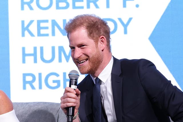 <p>Meghan, Duchess of Sussex and Prince Harry, Duke of Sussex speak onstage at the 2022 Robert F. Kennedy Human Rights Ripple of Hope Gala at New York Hilton on December 06, 2022 in New York City. (Photo by Mike Coppola/Getty Images for 2022 Robert F. Kennedy Human Rights Ripple of Hope Gala)</p>