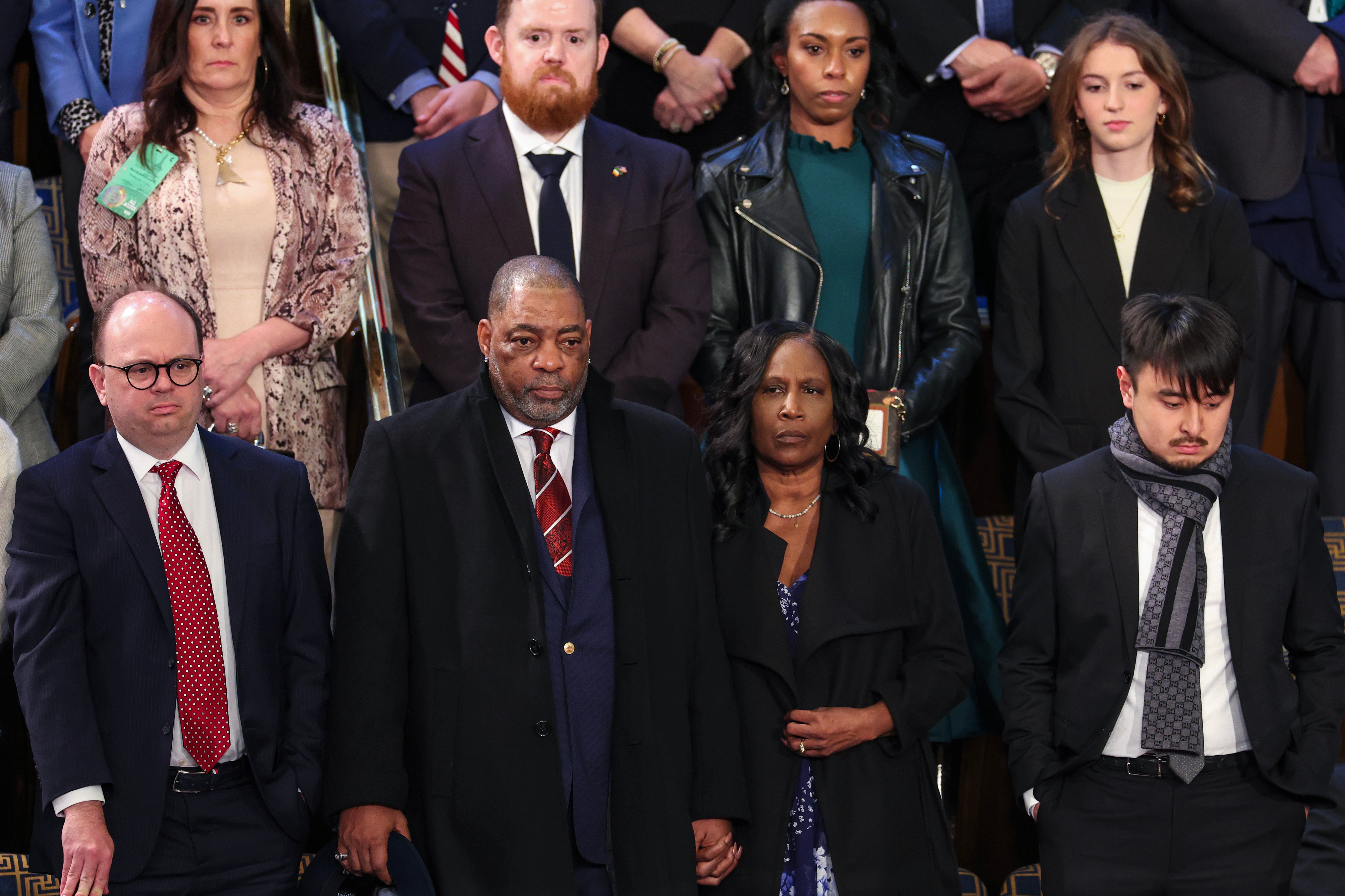 Rodney Wells and RowVaughn Wells, parents of Tyre Nichols, and Brandon Tsay, hero of the Monterey, California, shooting, wait for the start of U.S. President Joe Biden's State of the Union