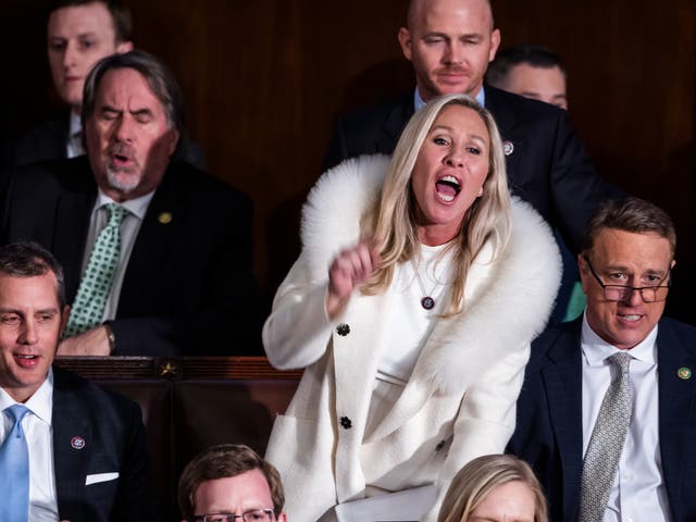 <p>Georgia Republican Marjorie Taylor Greene heckles during Joe Biden’s State of the Union Address on 7 February 2023</p>