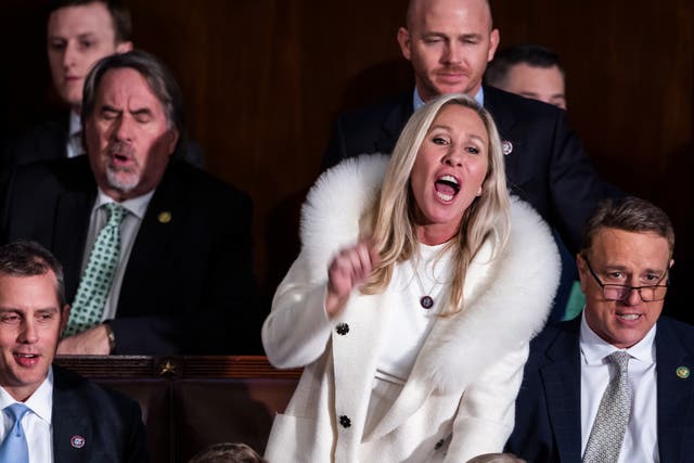 <p>Georgia Republican Marjorie Taylor Greene heckles during Joe Biden’s State of the Union Address on 7 February 2023</p>