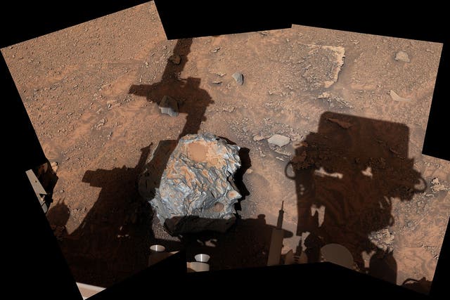 <p>The Cacao meteorite as seen in Curiosity’s shadow on Jan 27, 2023, the 3,724th Martian day, or sol, of the mission</p>