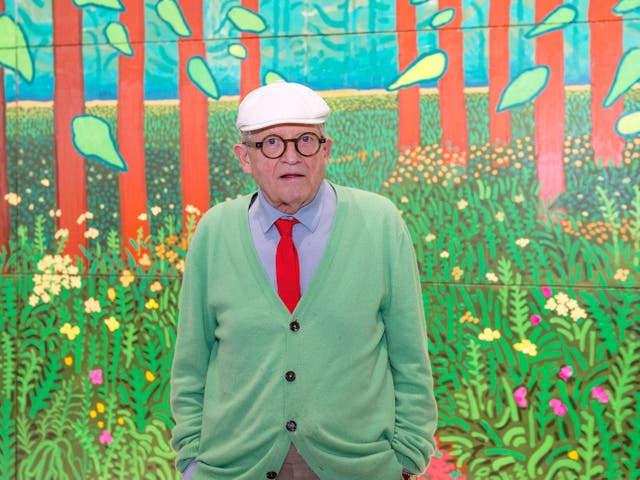 <p>David Hockney is known for his dapper suits and love of bright colours</p>