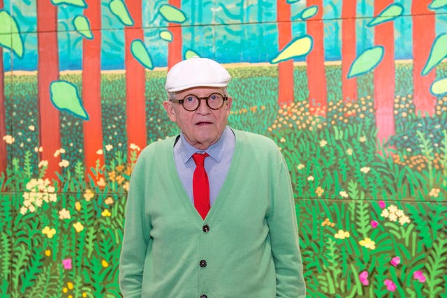 <p>David Hockney is known for his dapper suits and love of bright colours</p>