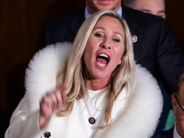 <p>Republican Representative from Georgia Marjorie Taylor Greene shouts 'liar' as US President Joe Biden delivers his State of the Union address </p>