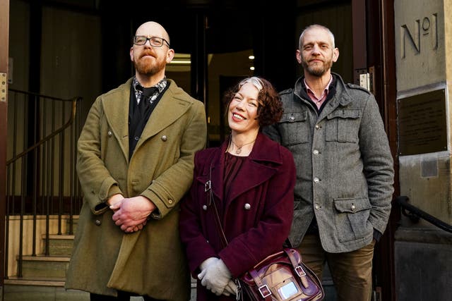 (left to right) Climate activists Simon Bramwell, Lucy Porter and Caspar Hughes, outside the City Of London Magistrates’ Court, where five Just Stop Oil protesters are charged with criminal damage to the value of ?180 after they glued their hands to the frame of a copy of Leonardo da Vinci’s The Last Supper at the Royal Academy of Art in London on July 5. Picture date: Wednesday February 8, 2023.