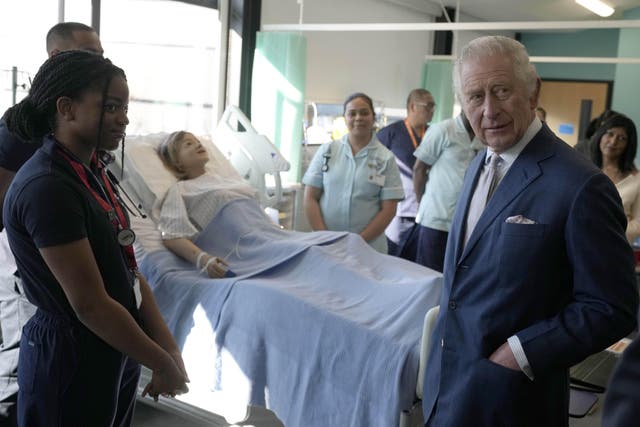 The King talks to students and trainees at the Intensive Care Ward (Frank Augstein/PA)